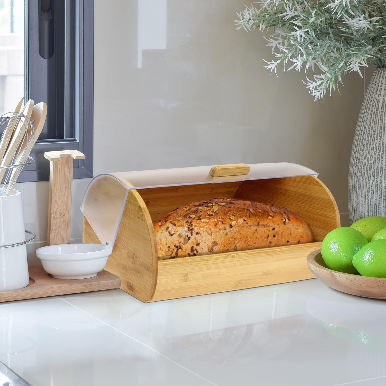 Blue Donuts Bamboo Bread Box with Acrylic Sliding Lid