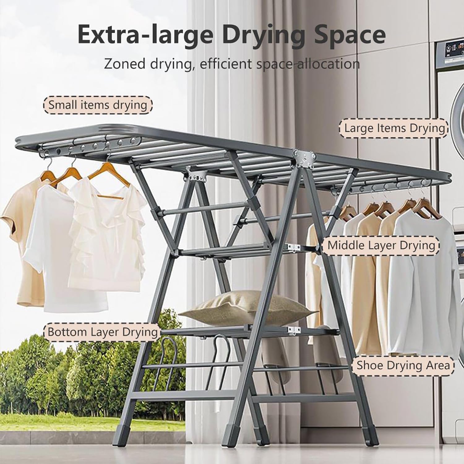 Uandhome 3-Tier Foldable Clothes Drying Rack Carbon Steel Grey