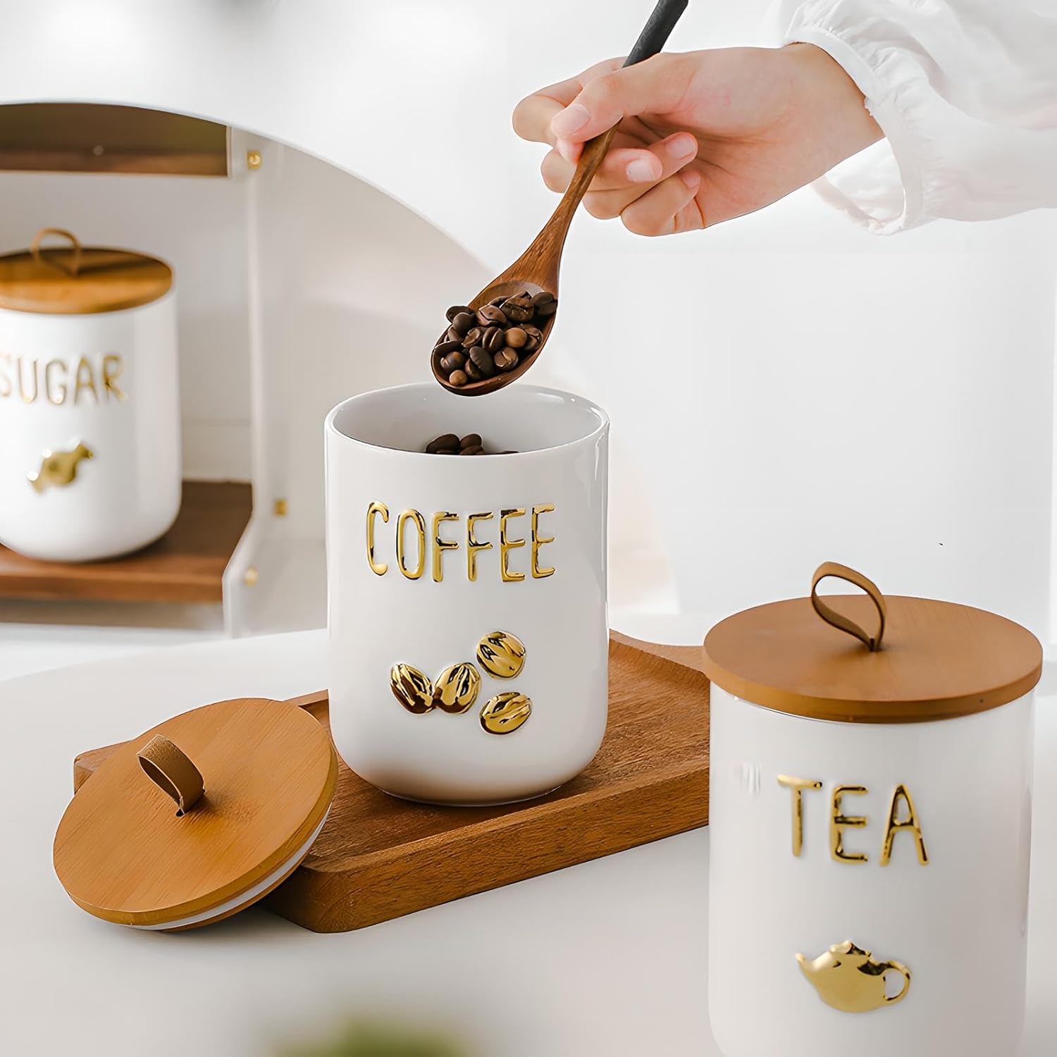 YYW Ceramic Airtight Kitchen Canister Set with Wooden Lid