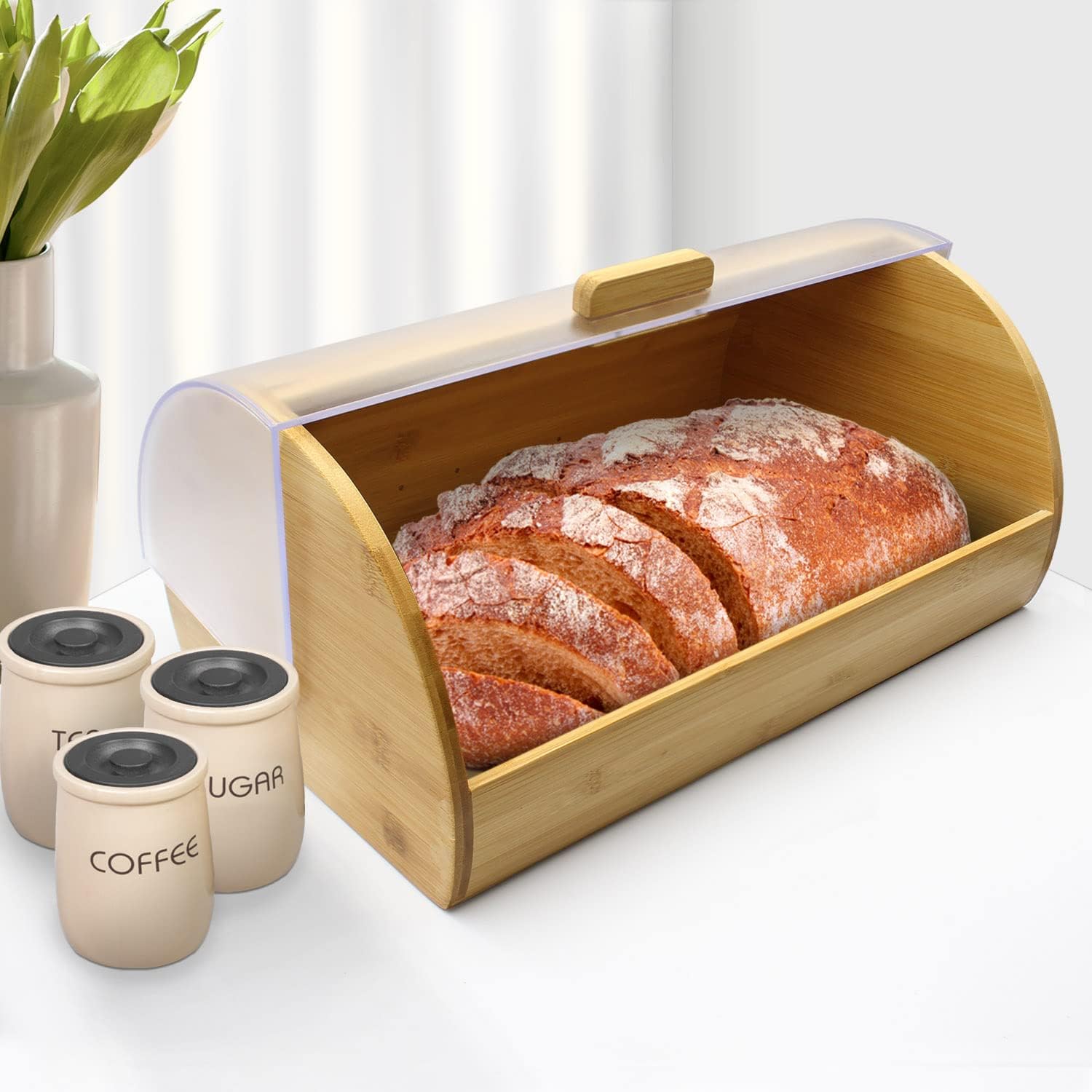 Blue Donuts Bamboo Bread Box with Acrylic Sliding Lid