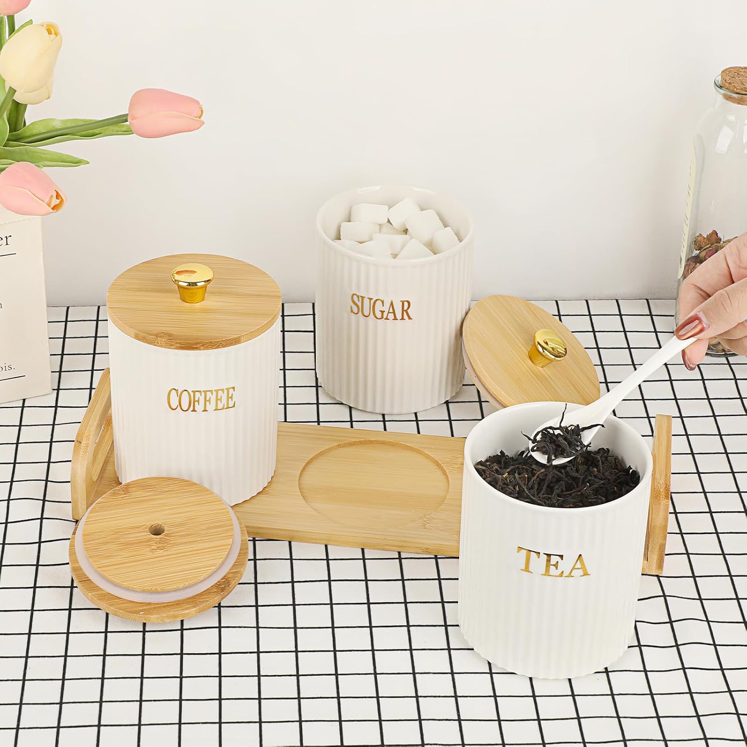 JuxYes Ceramic Canisters with Bamboo Lids Set of 3 White