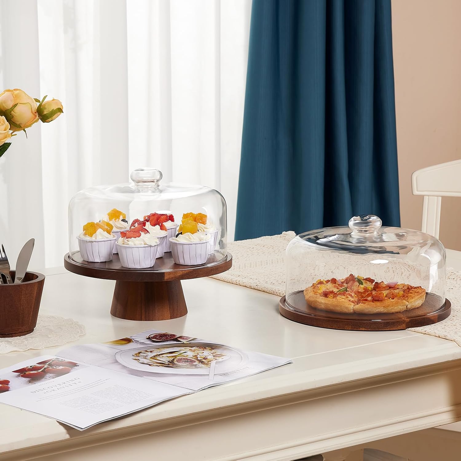 VIVIRBIEN Acacia Wood Cake Stand with Glass Dome 11-Inch