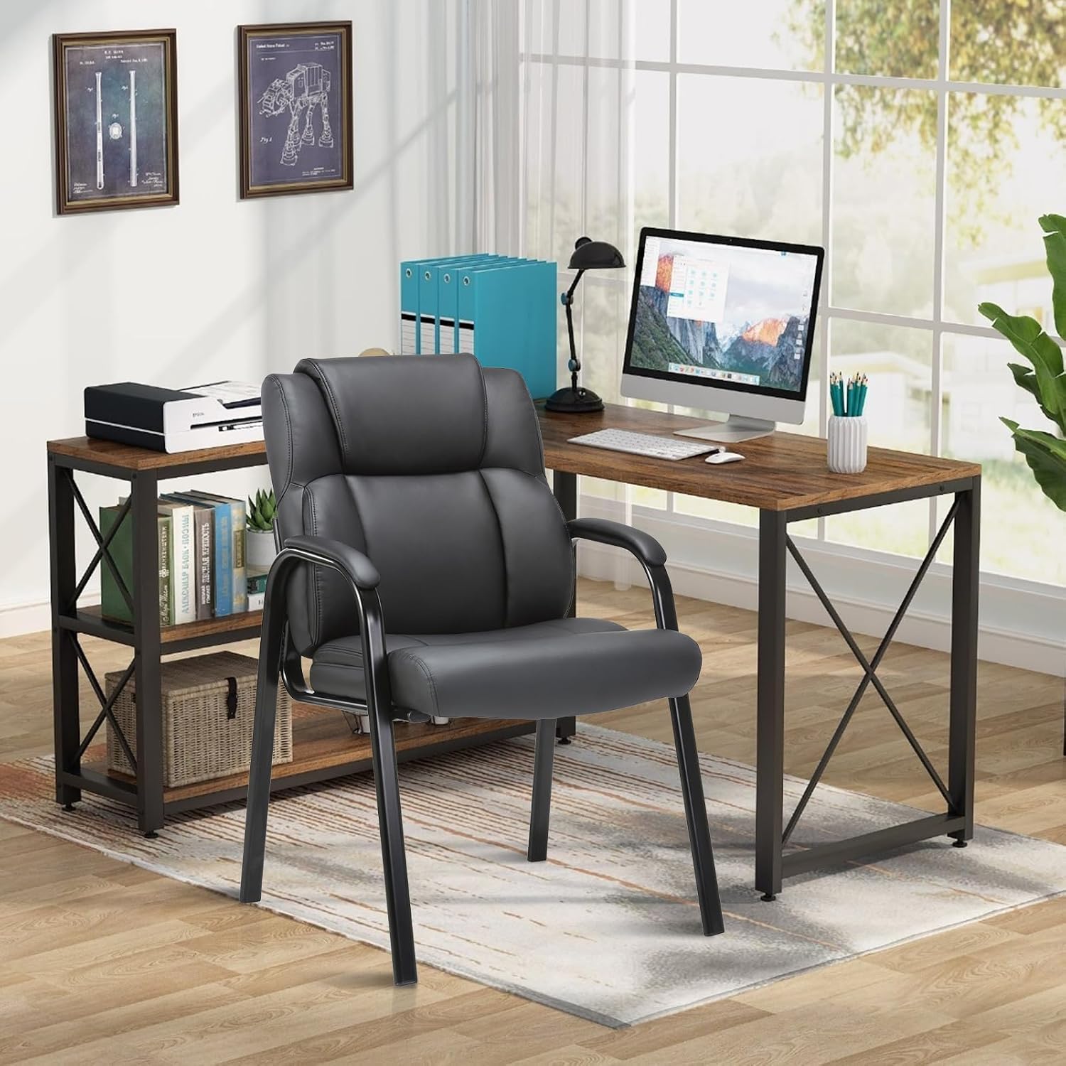 CLATINA Lopez Leather Guest Chair with Padded Arms Black