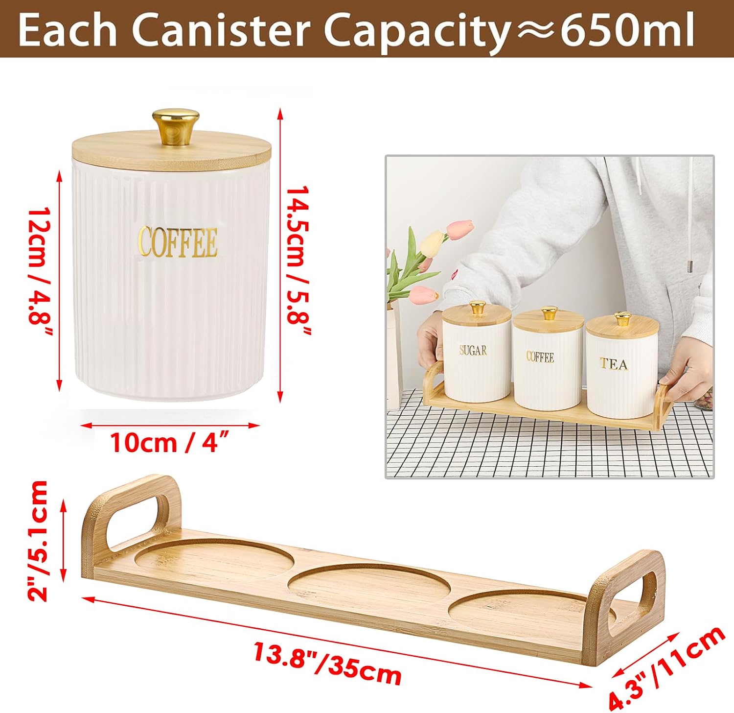 JuxYes Ceramic Canisters with Bamboo Lids Set of 3 White