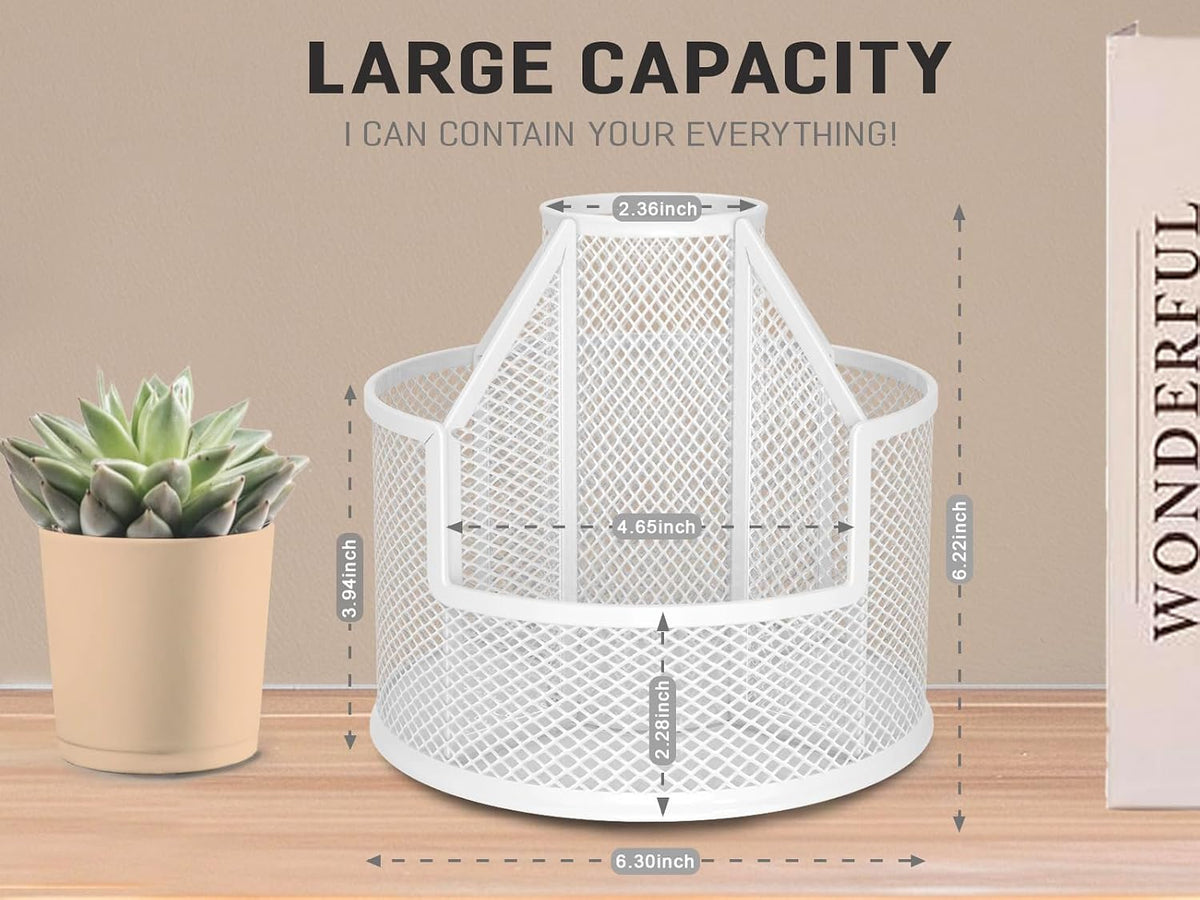 RURYEURT Rotating Pen Holder 5-Compartment Mesh Desk Organizer Pear White