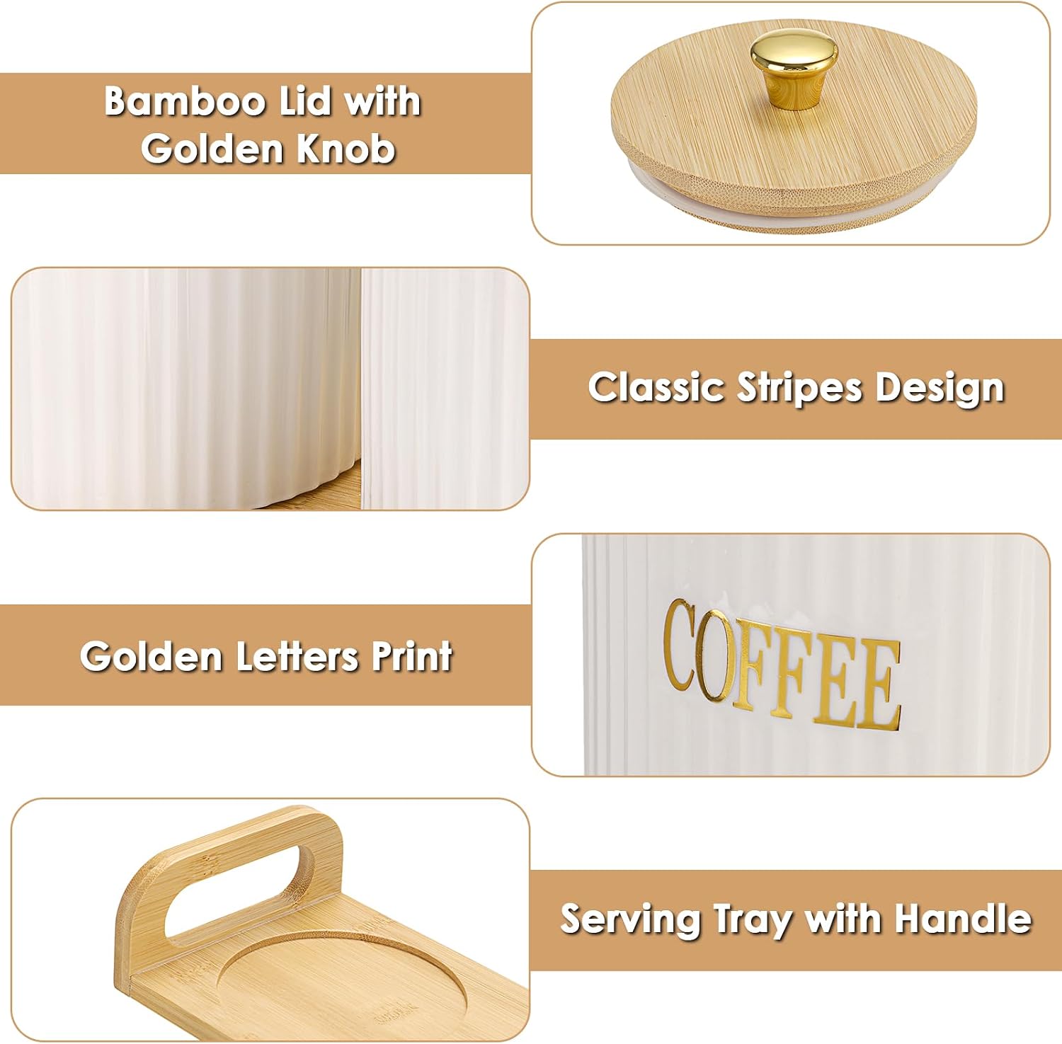 JuxYes Ceramic Canisters with Bamboo Lids Set of 3 White