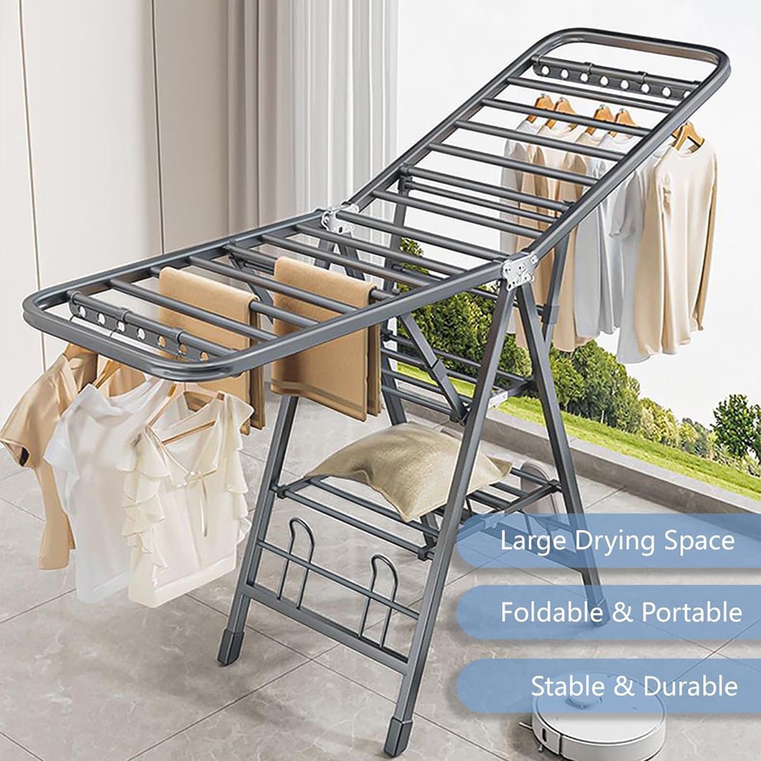 Uandhome 3-Tier Foldable Clothes Drying Rack Carbon Steel Grey
