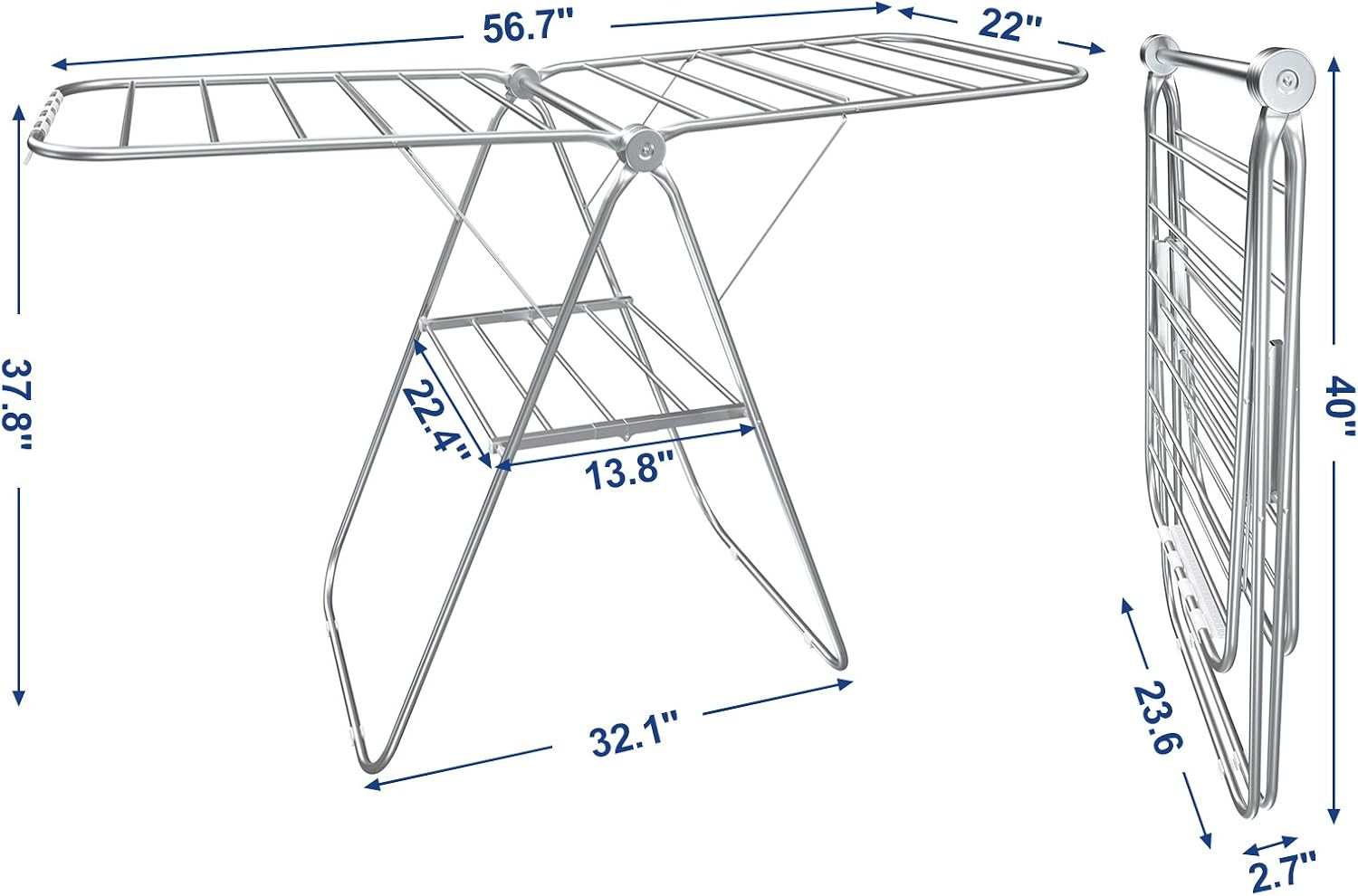 SONGMICS Gullwing Clothes Drying Rack Stainless Steel Foldable Silver