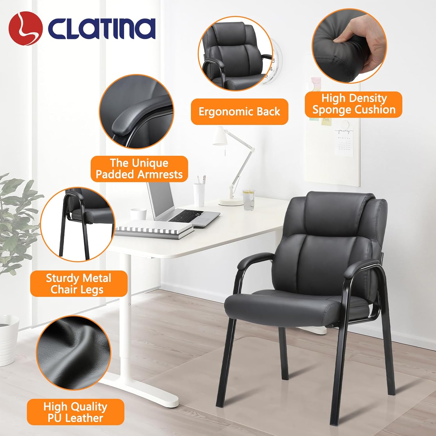 CLATINA Lopez Leather Guest Chair with Padded Arms Black