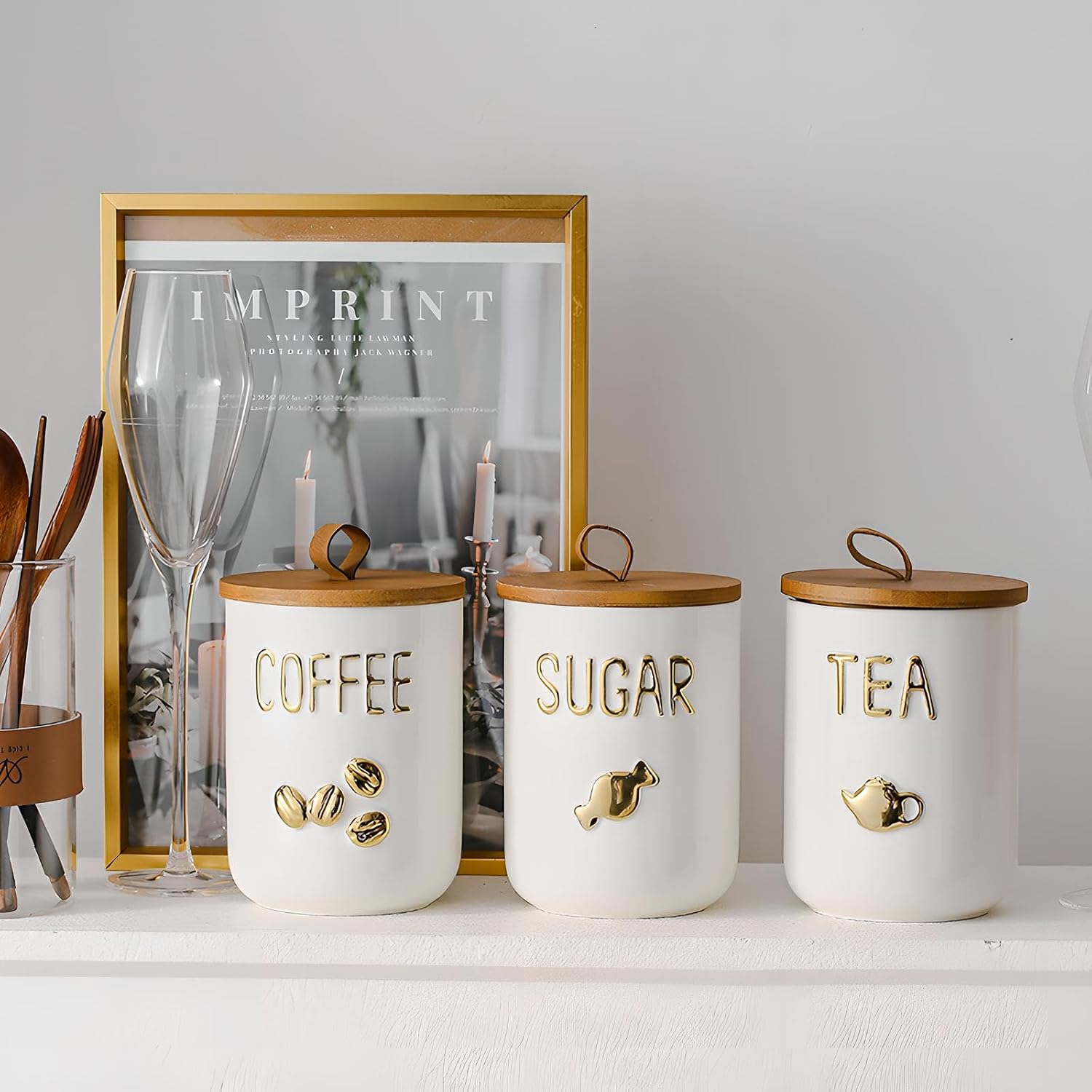 YYW Ceramic Airtight Kitchen Canister Set with Wooden Lid