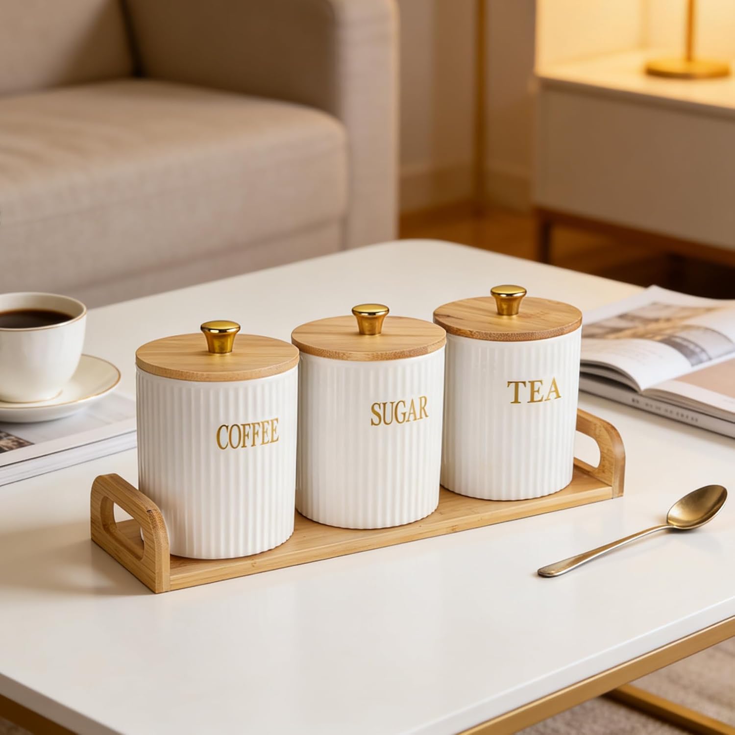 JuxYes Ceramic Canisters with Bamboo Lids Set of 3 White