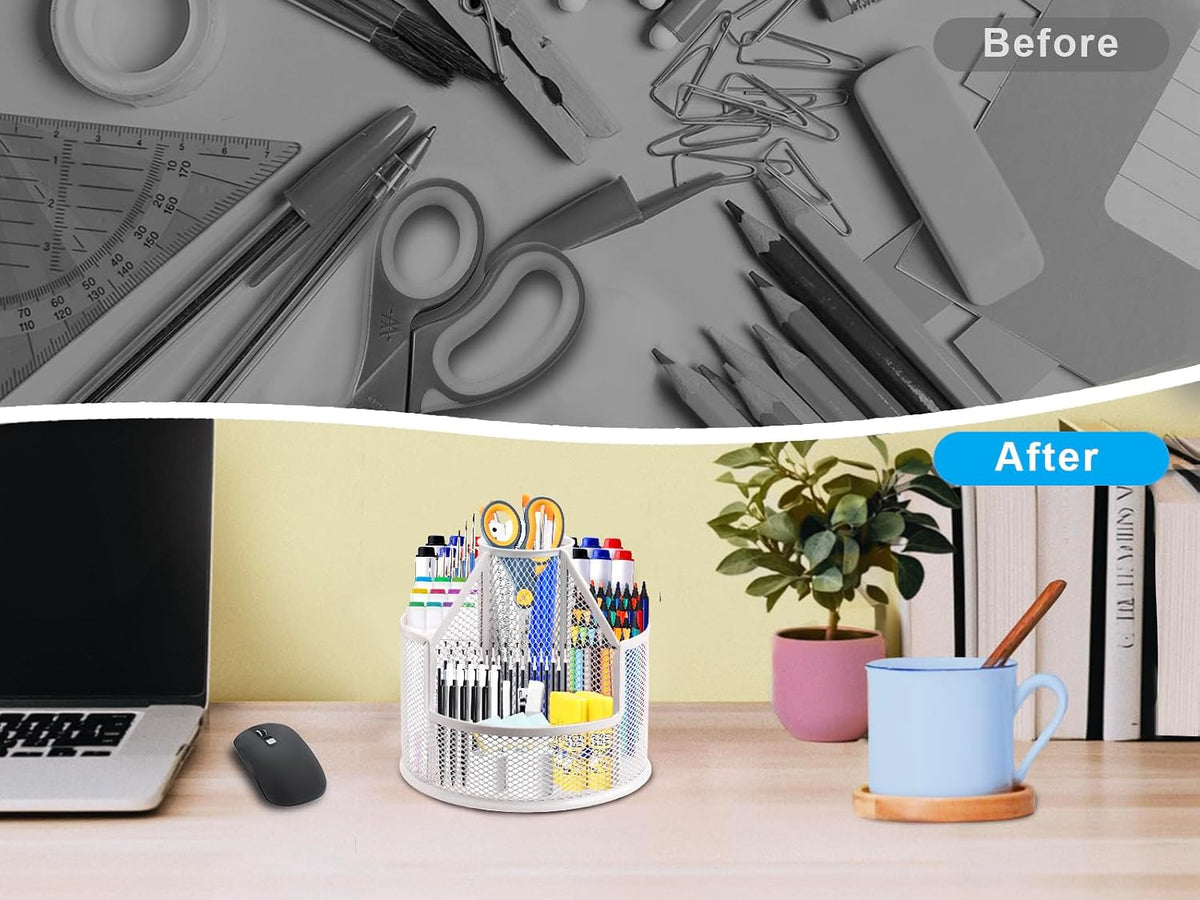 RURYEURT Rotating Pen Holder 5-Compartment Mesh Desk Organizer Pear White