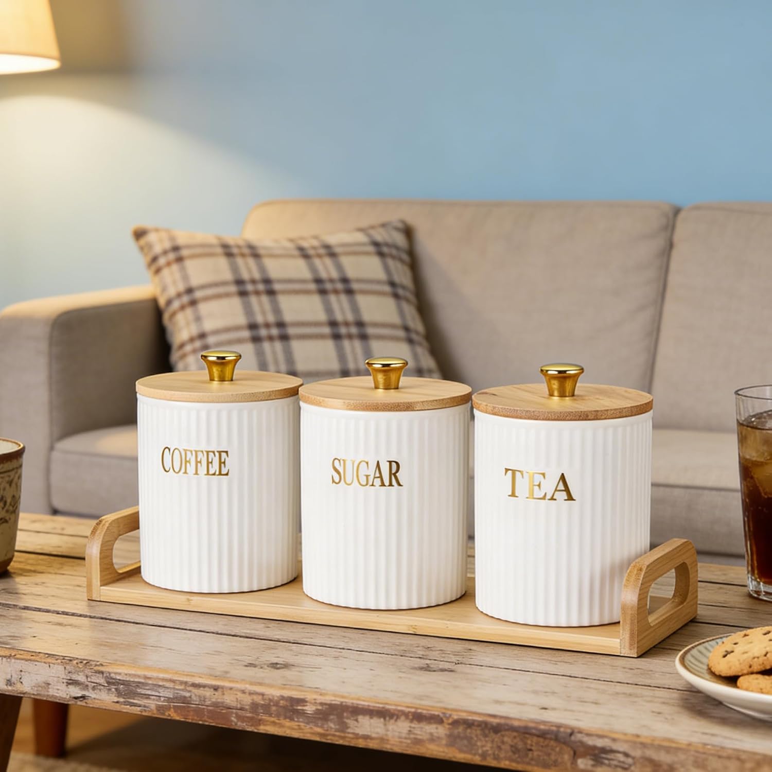 JuxYes Ceramic Canisters with Bamboo Lids Set of 3 White
