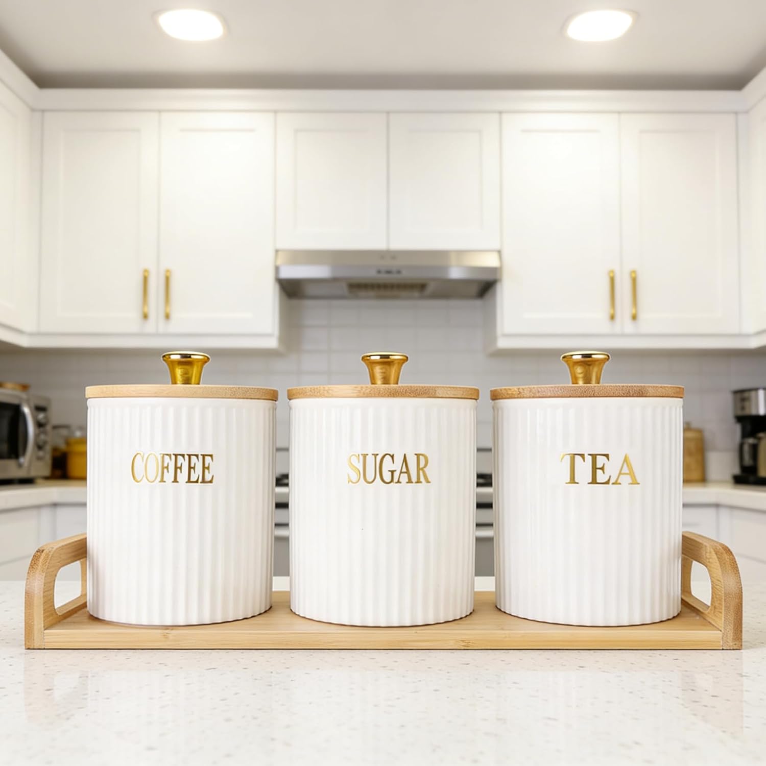 JuxYes Ceramic Canisters with Bamboo Lids Set of 3 White
