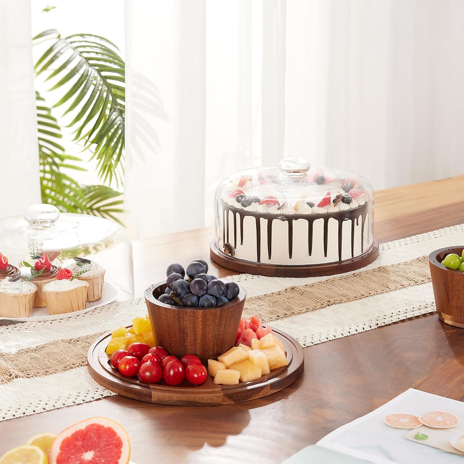 VIVIRBIEN Acacia Wood Cake Stand with Glass Dome 11-Inch
