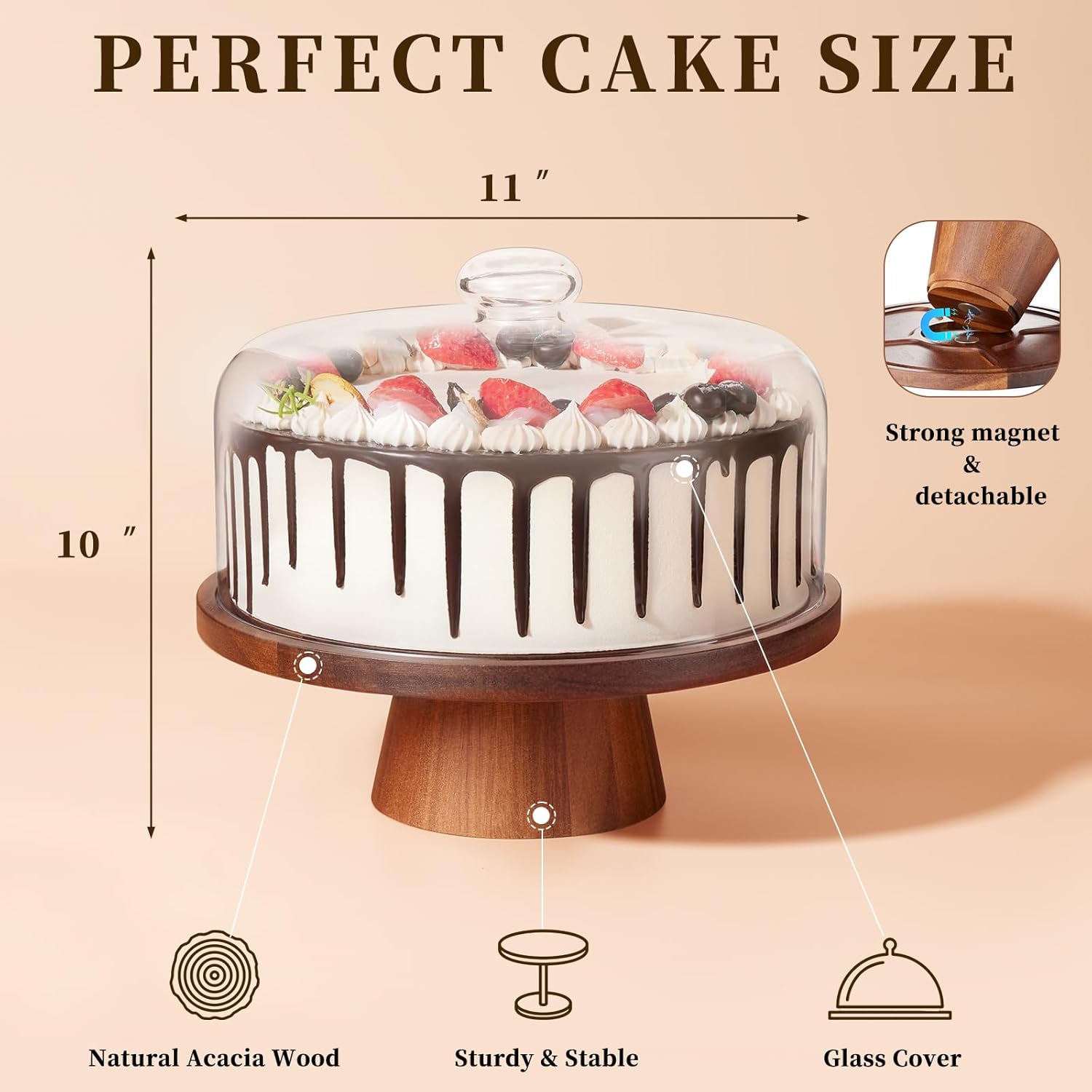 VIVIRBIEN Acacia Wood Cake Stand with Glass Dome 11-Inch