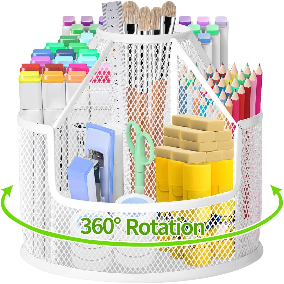 RURYEURT Rotating Pen Holder 5-Compartment Mesh Desk Organizer Pear White
