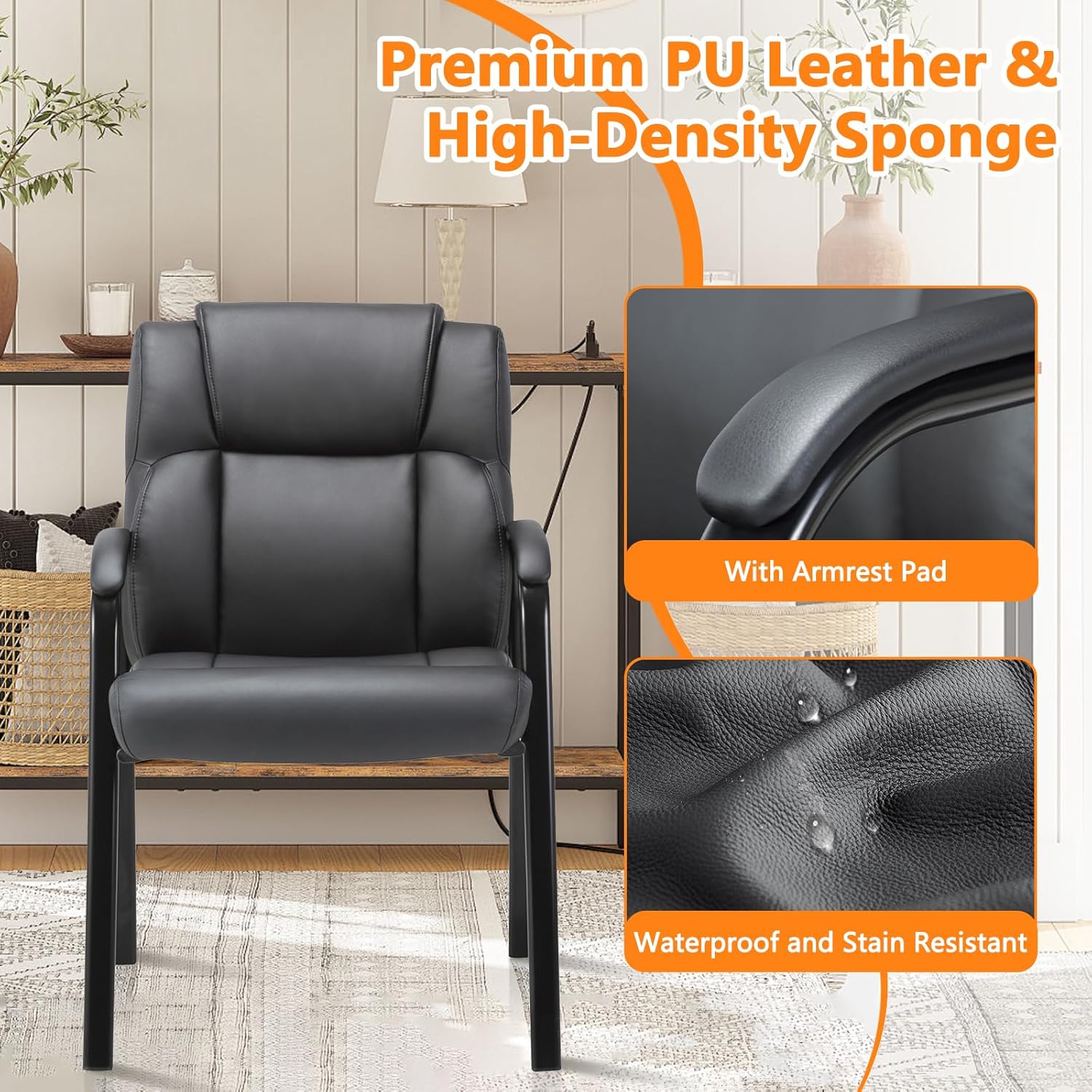 CLATINA Lopez Leather Guest Chair with Padded Arms Black