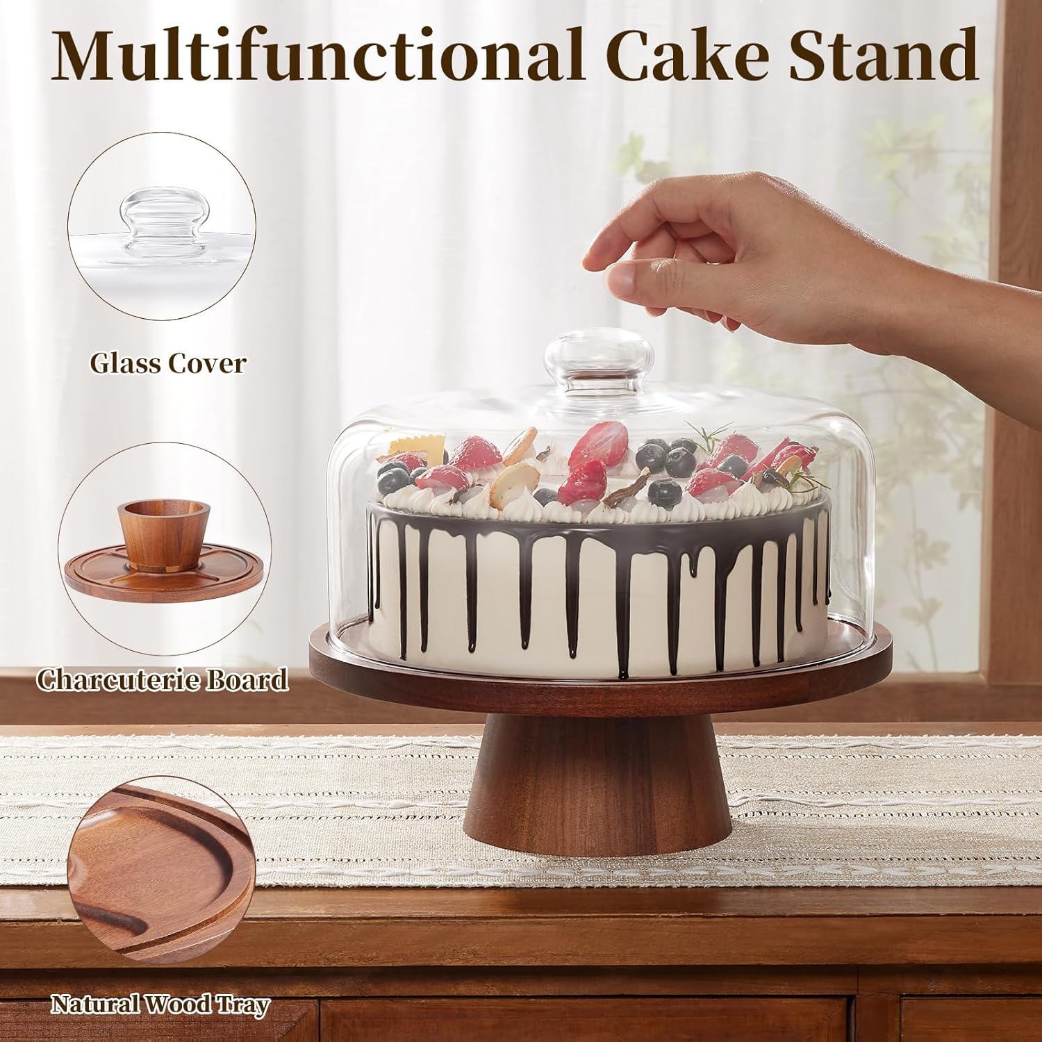 VIVIRBIEN Acacia Wood Cake Stand with Glass Dome 11-Inch
