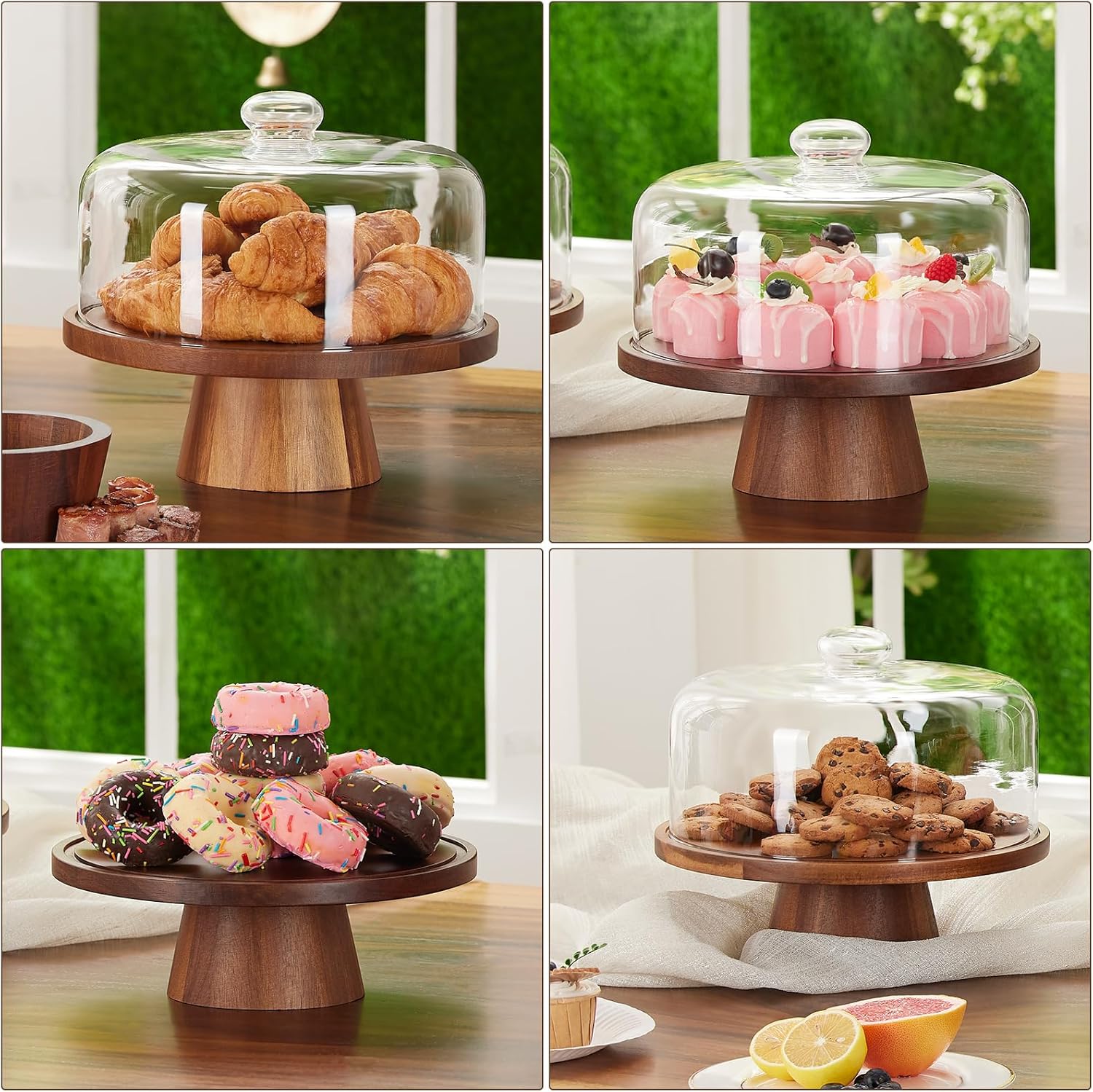 VIVIRBIEN Acacia Wood Cake Stand with Glass Dome 11-Inch