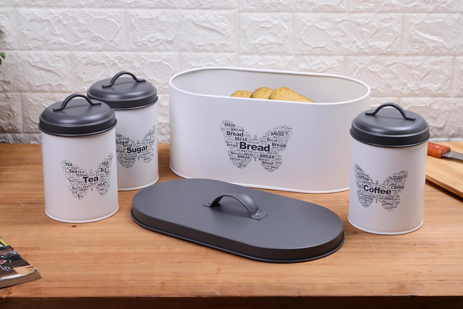 Simpa 4-Piece Metal Kitchen Storage Set with Bread Bin Canisters