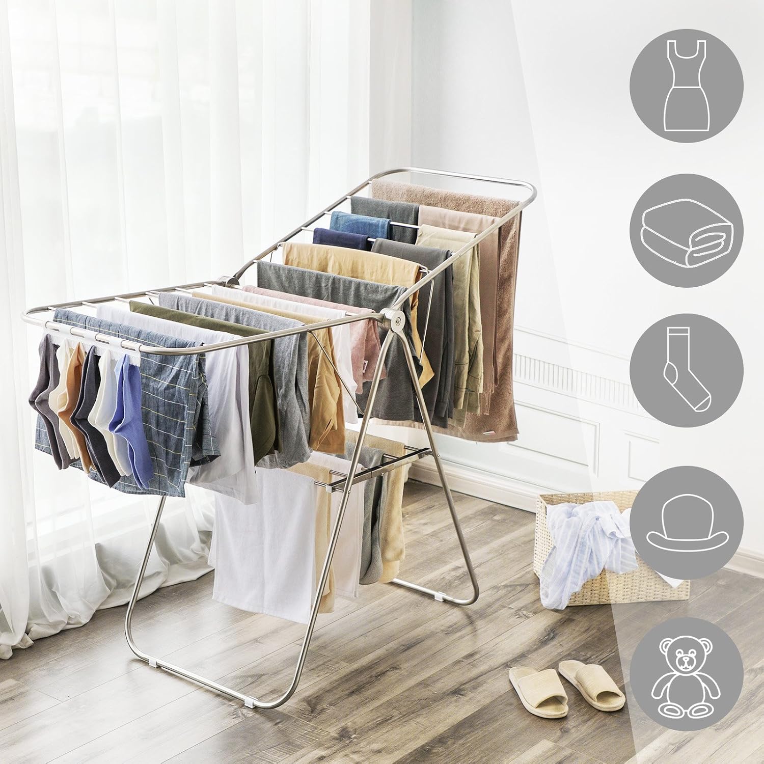 SONGMICS Gullwing Clothes Drying Rack Stainless Steel Foldable Silver