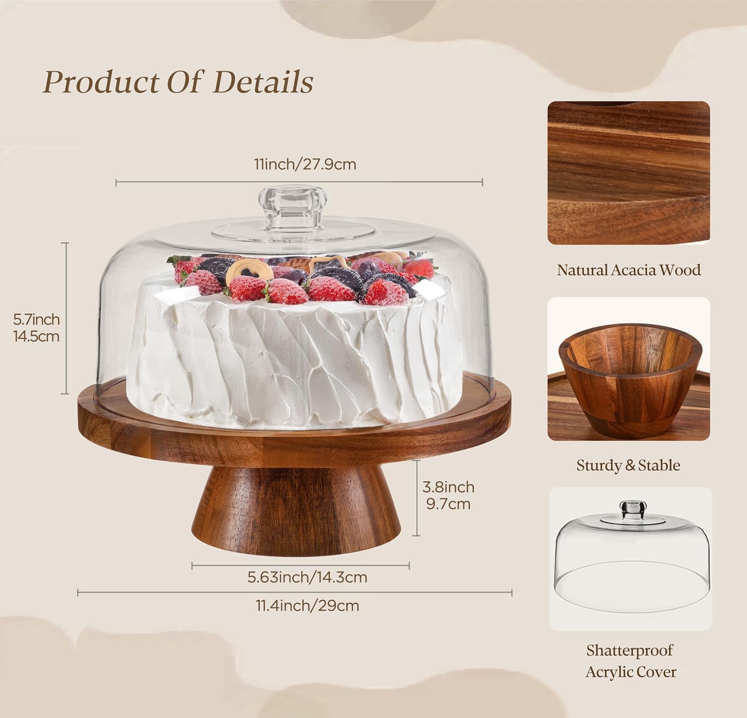 Famyards Acacia Wood Cake Stand with Acrylic Dome Lid 12in