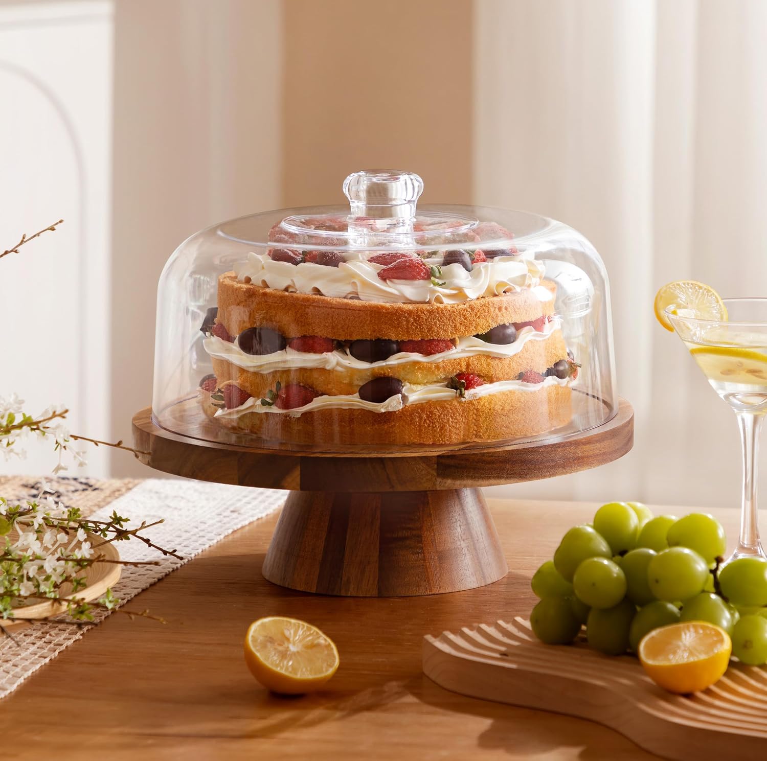 Famyards Acacia Wood Cake Stand with Acrylic Dome Lid 12in