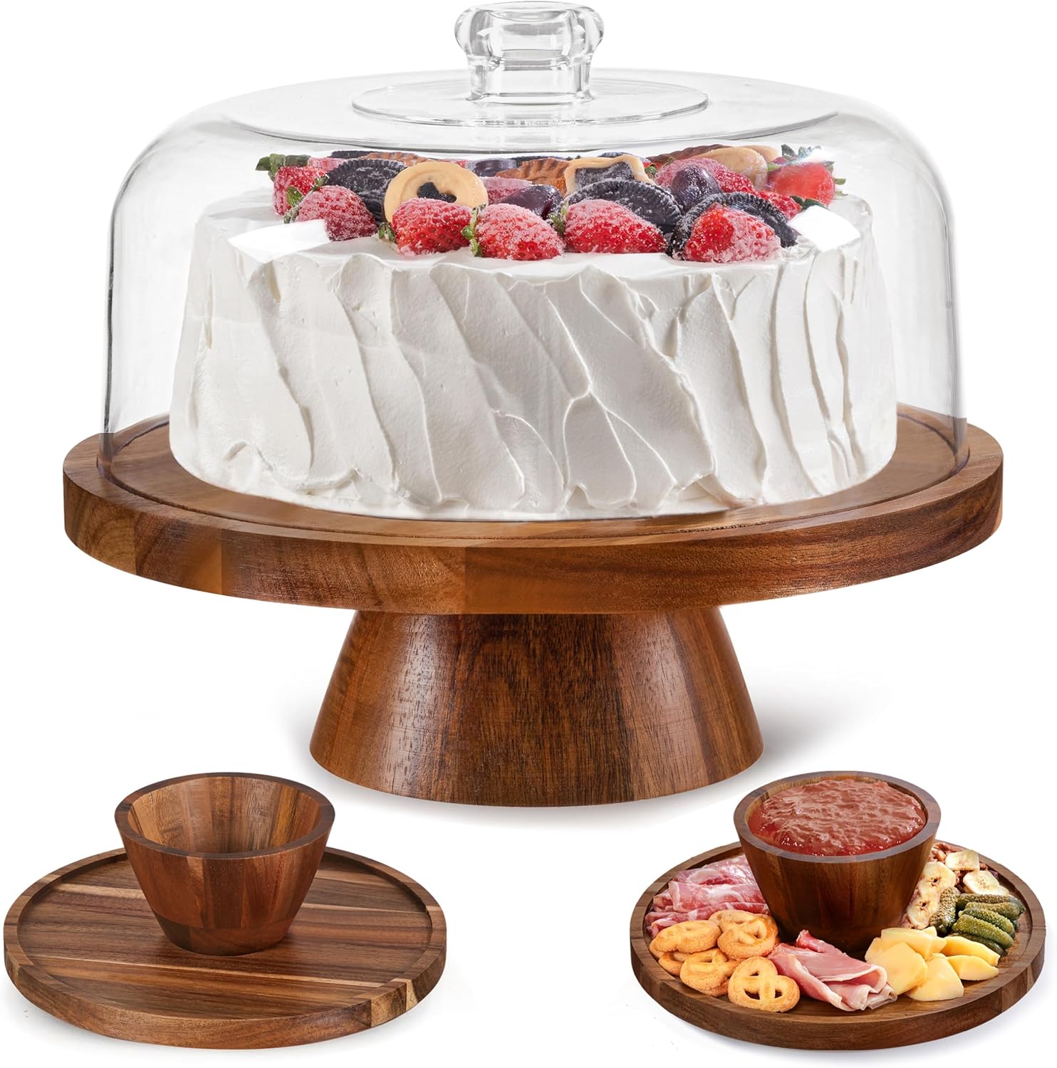 Famyards Acacia Wood Cake Stand with Acrylic Dome Lid 12in