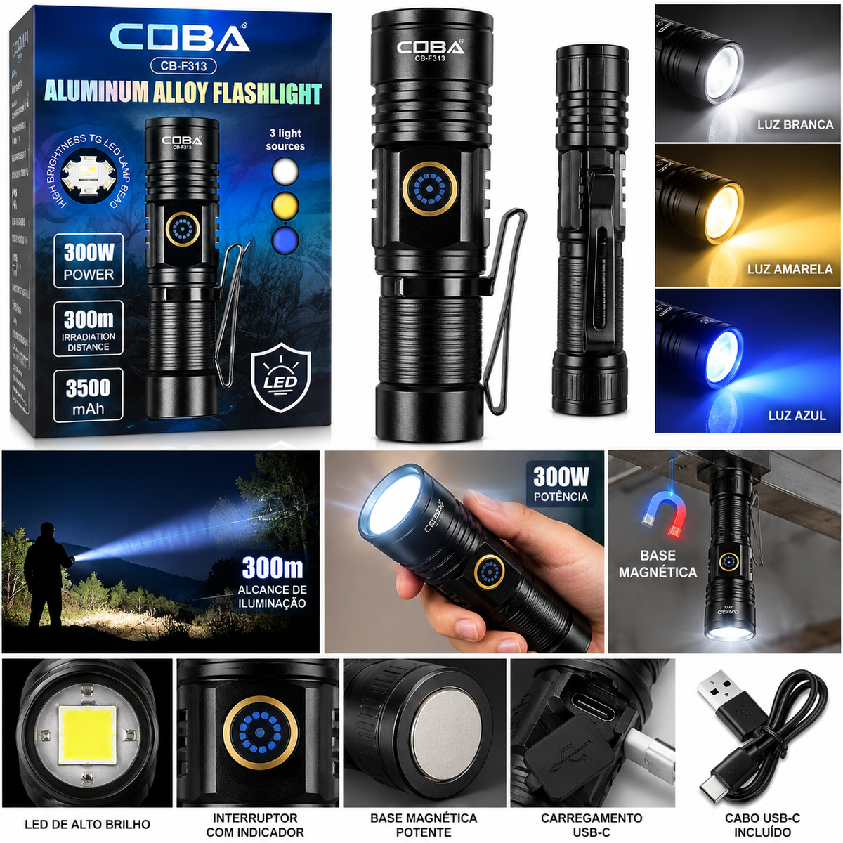 Lanterna LED Recarregável COBA CB-F313 300W com Base Magnética, 3 Cores de Luz e Bateria de 3500mAh – (LANT0029)