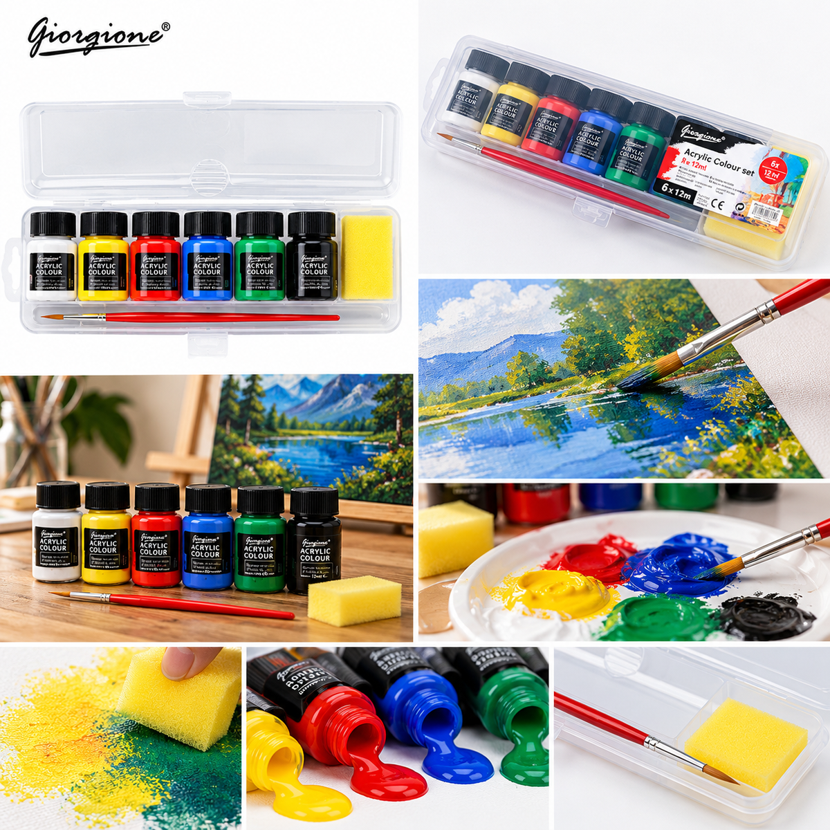 Kit de Tintas Acrílicas Giorgione Premium – 6 Cores de 12 ml com Pincel e Esponja - (AYC153-178)