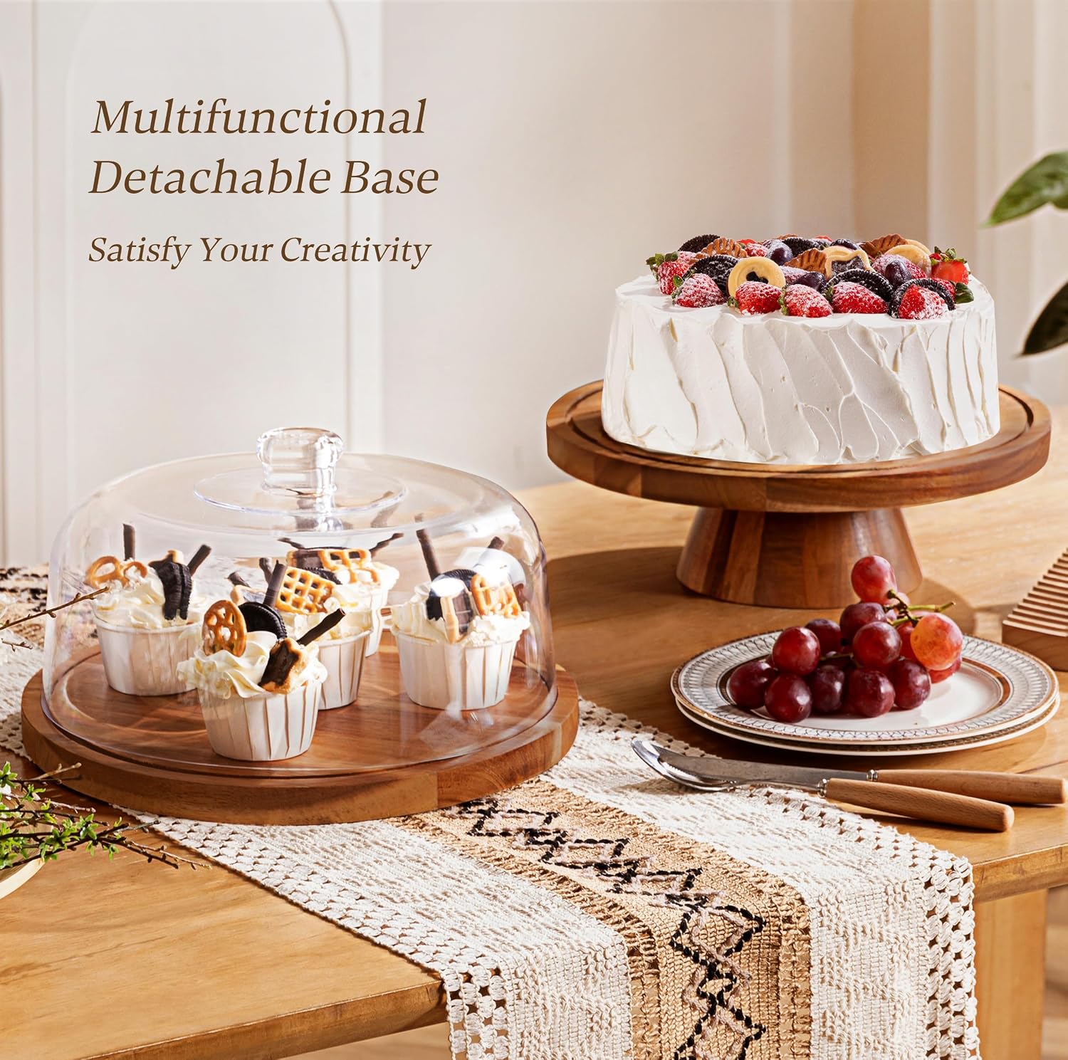 Famyards Acacia Wood Cake Stand with Acrylic Dome Lid 12in