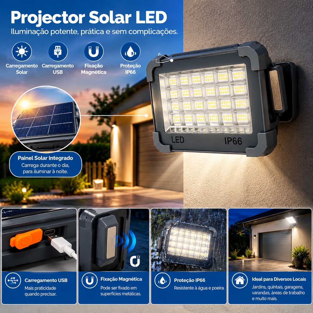 Projector Solar LED Recarregável IP66 com Painel Solar, Fixação Magnética e Carregamento USB - (LANT0009)