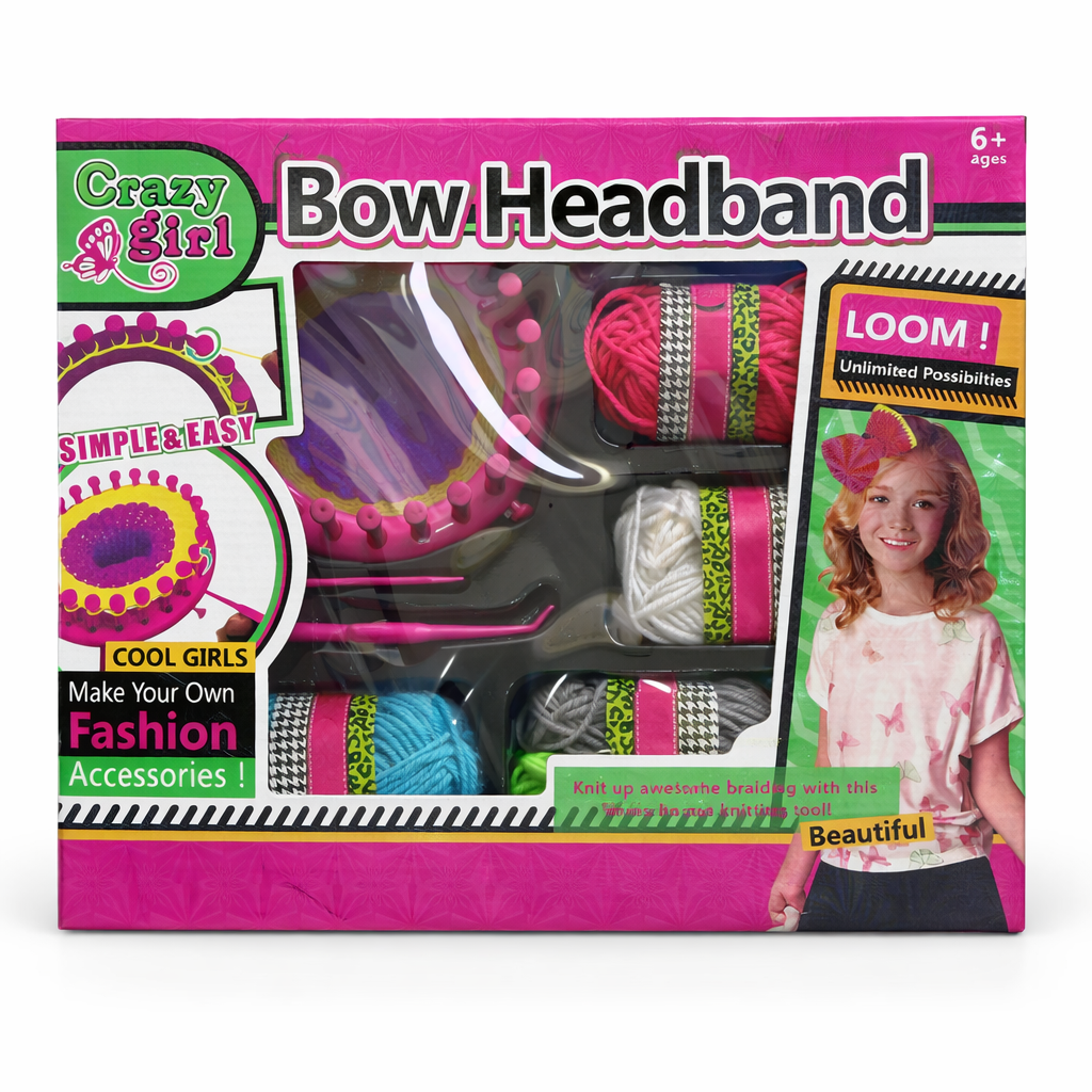 Box of a bow headband making kit with colorful materials and a girl wearing a bow headband.