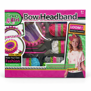 Box of a bow headband making kit with colorful materials and a girl wearing a bow headband.
