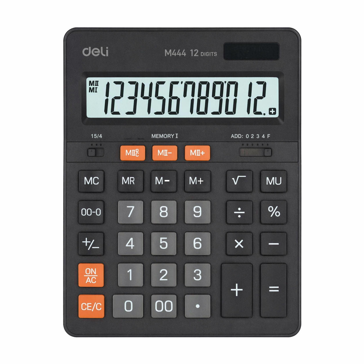 Calculadora Deli M444 Dual Memory – 12 Dígitos com Ecrã Grande e Alimentação Dupla (AYC151-46)