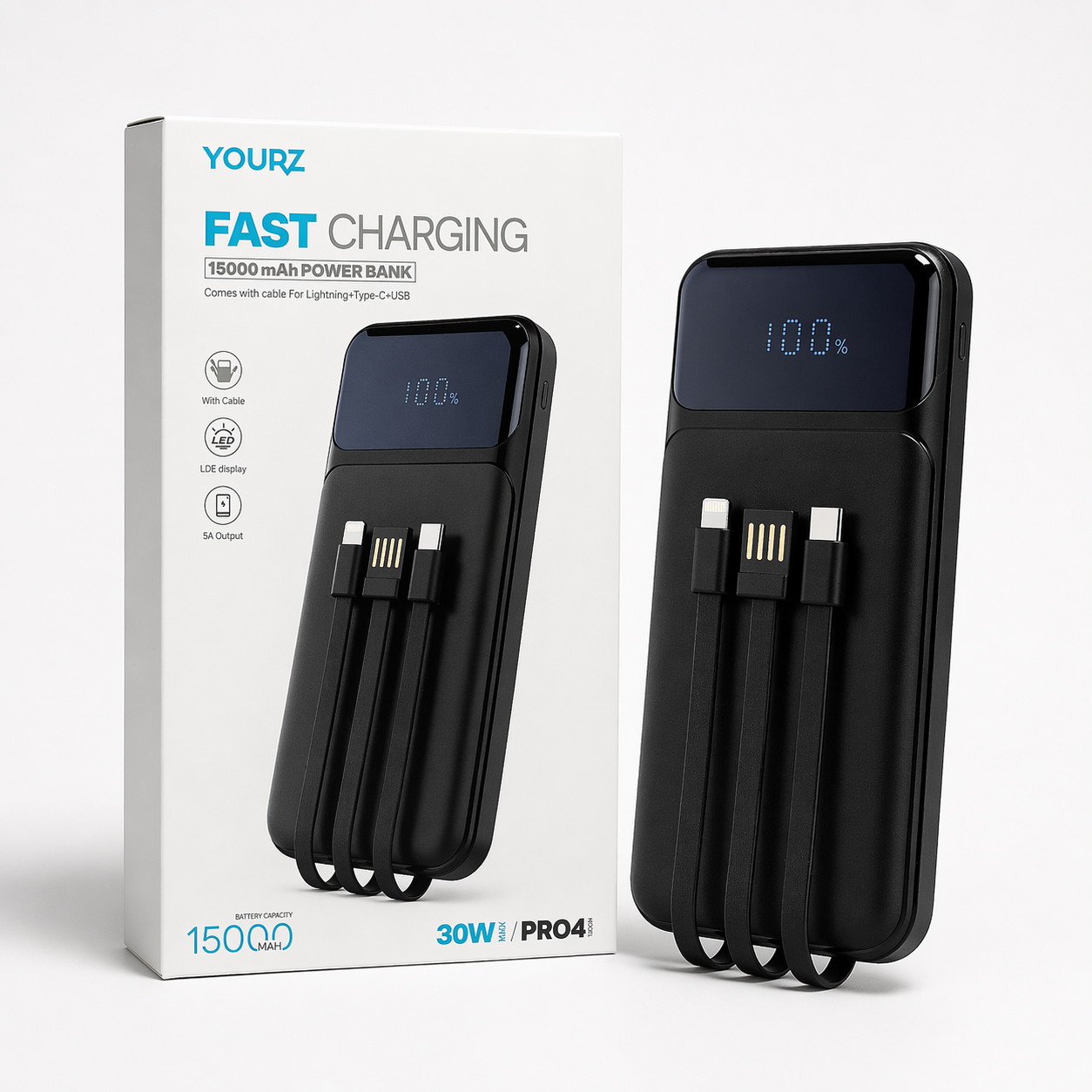 Power Bank de Carregamento Rápido YOURZ 15000mAh – Saída de 30W com Cabos Integrados e Ecrã LED (AYD253-54)