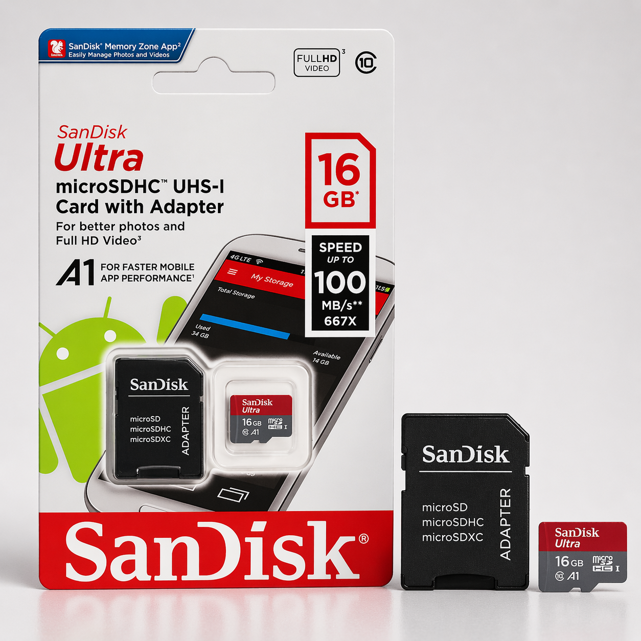 Cartão SanDisk Ultra microSDHC 16GB UHS-I com Adaptador (A1, Até 100MB/s) (MEM0003)