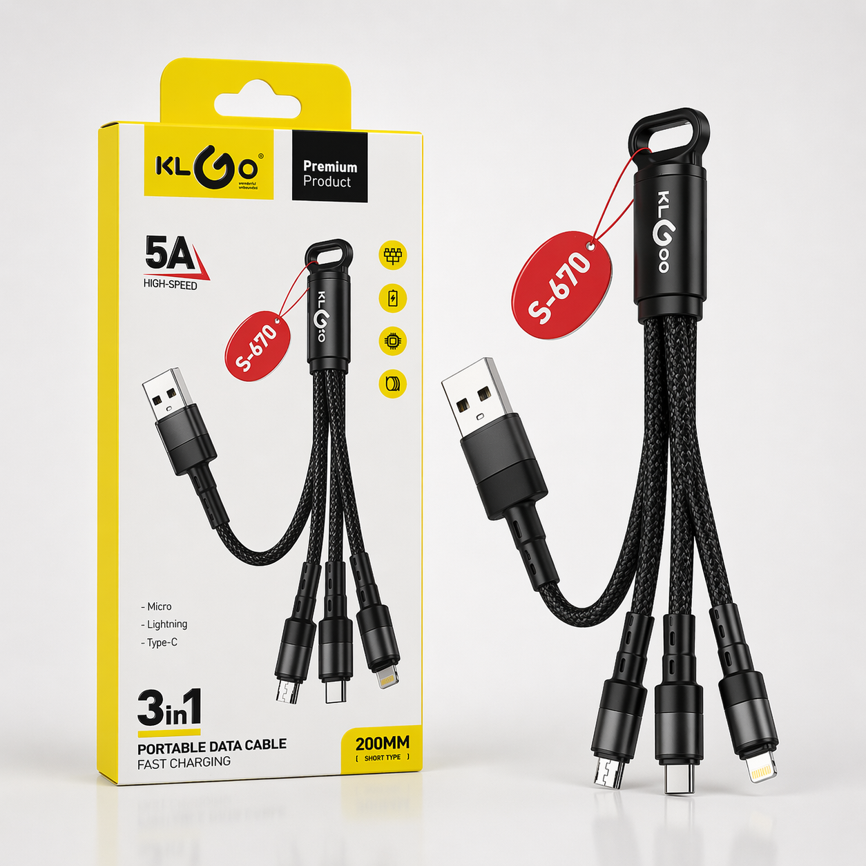 Cabo de Carregamento Rápido 3 em 1 KLGO S-670 (IT0130)