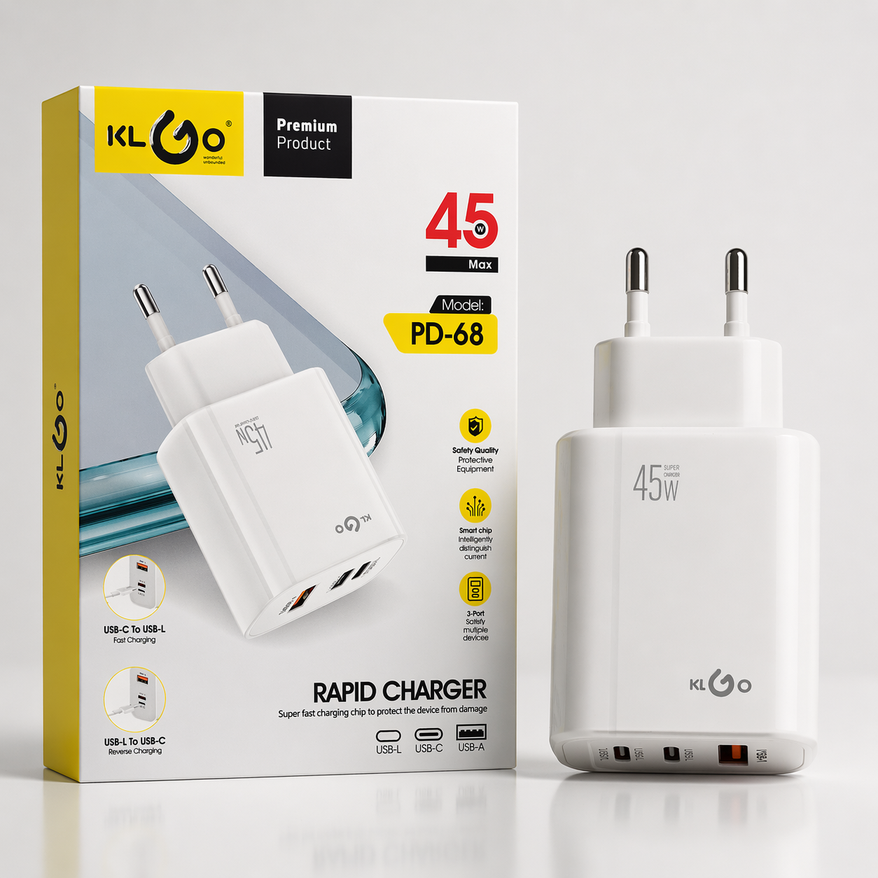 Adaptador de Parede para Carregamento Rápido KLGO PD-68 45W Max (IT0127)
