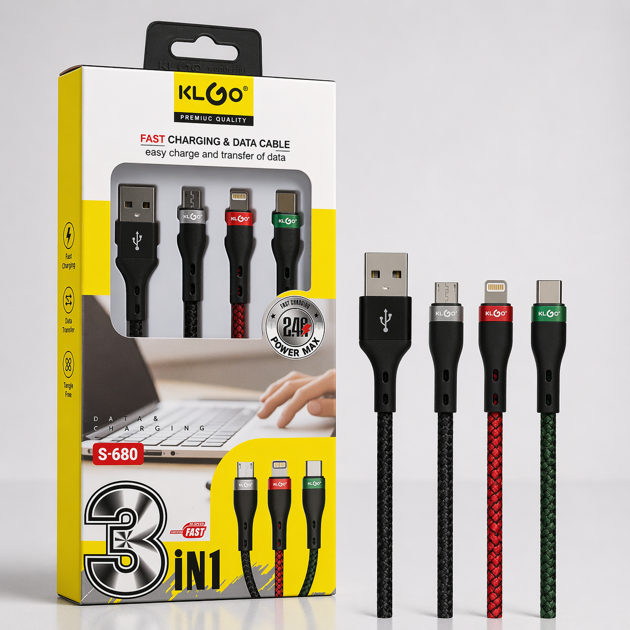Conjunto de cabos de carregamento rápido e dados 3 em 1 KLGO (Modelo S-680) (AYC336-20)