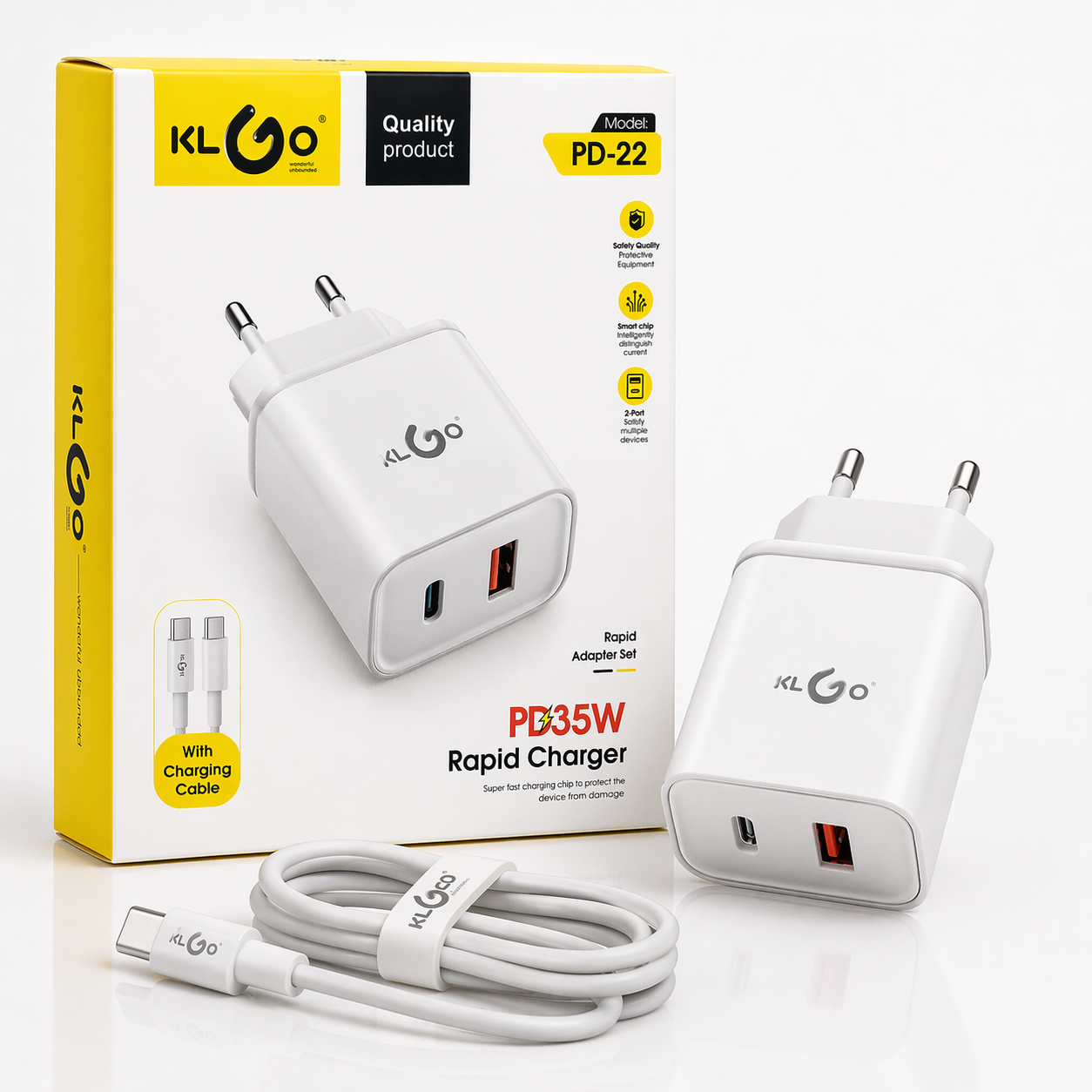 Carregador de Parede de Porta Dupla de Carregamento Rápido KLGO PD-22 35W com Cabo (IT0128)