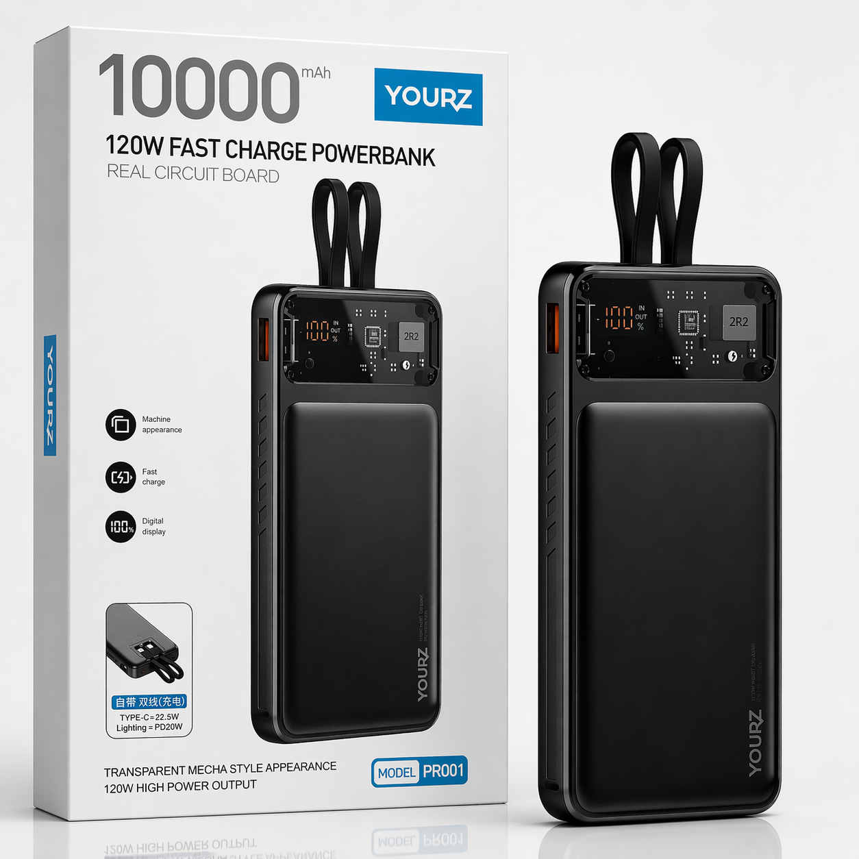 YOURZ PR001 Power Bank de Carregamento Rápido de 10000mAh 120W com Ecrã Digital
