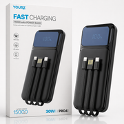 Power Bank YOURZ PRO4 de Carregamento Rápido 15000mAh com Cabos Integrados e Ecrã LED (AYD253-54)