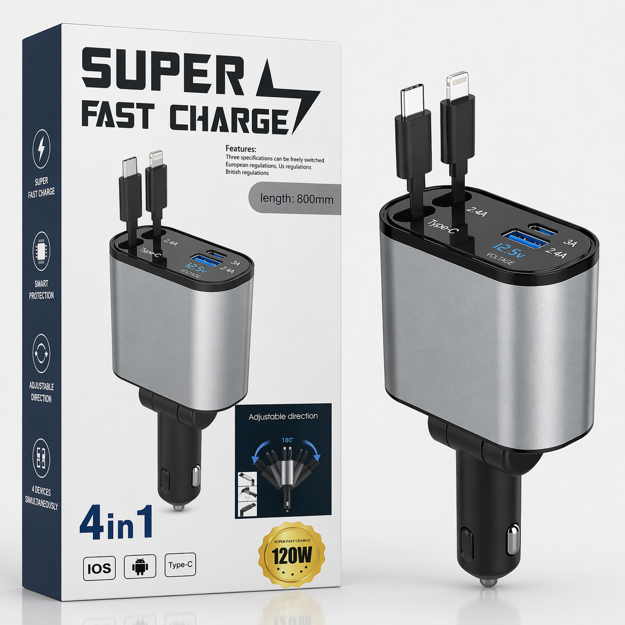 Carregador de Carro Super Rápido 4 em 1 de 120 W com Cabos Retráteis Integrados – Adaptador de Carregamento Universal Multi-Portas (IT0132)