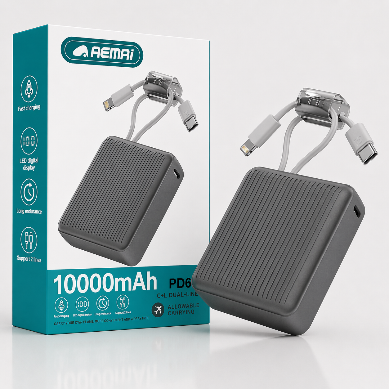 AEMAI PD62 Power Bank de Carregamento Rápido de 10000mAh com Cabos Duplos Integrados (AYC338-6)