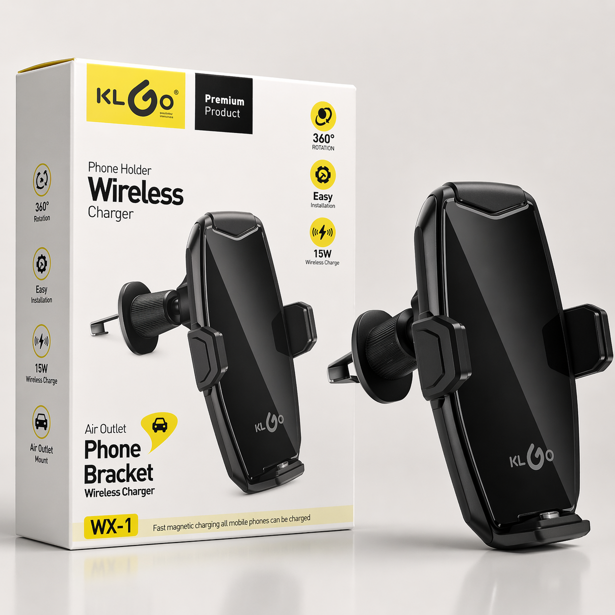 Suporte para Telemóvel para Carro Sem Fios KLGO WX-1 com Carregamento Rápido de 15W (IT0122)