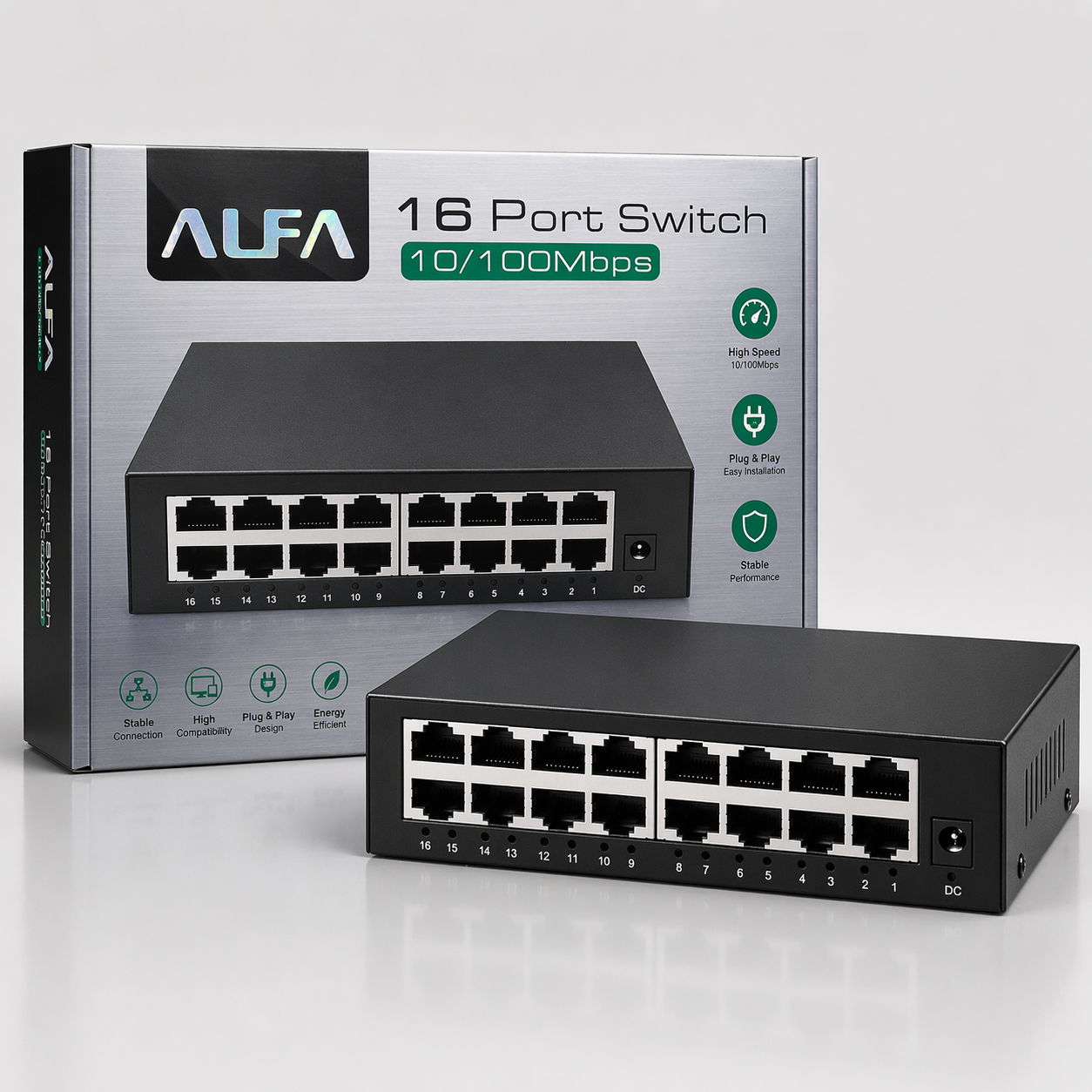 Switch de Rede Ethernet ALFA de 16 Portas 10/100Mbps – Hub LAN Plug & Play de Alta Velocidade (IT0005)