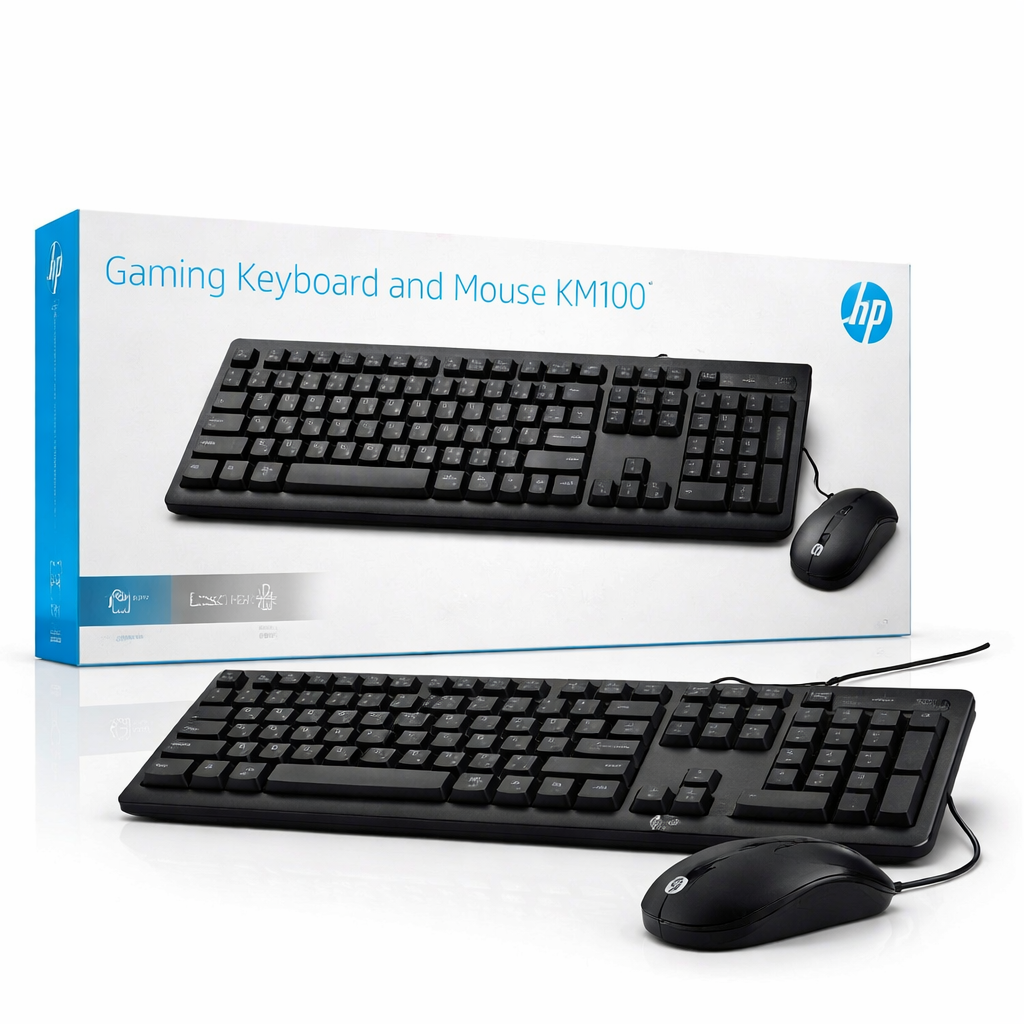 Conjunto de Teclado e Rato Gaming com Fio HP KM100 – Conjunto USB de Tamanho Normal com Rato Ótico (IT0036)
