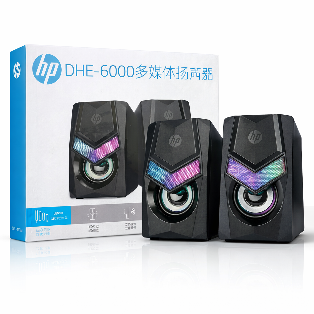 Colunas estéreo multimédia RGB HP DHE-6000 – Conjunto de colunas de secretária para jogos com LED (IT0035)